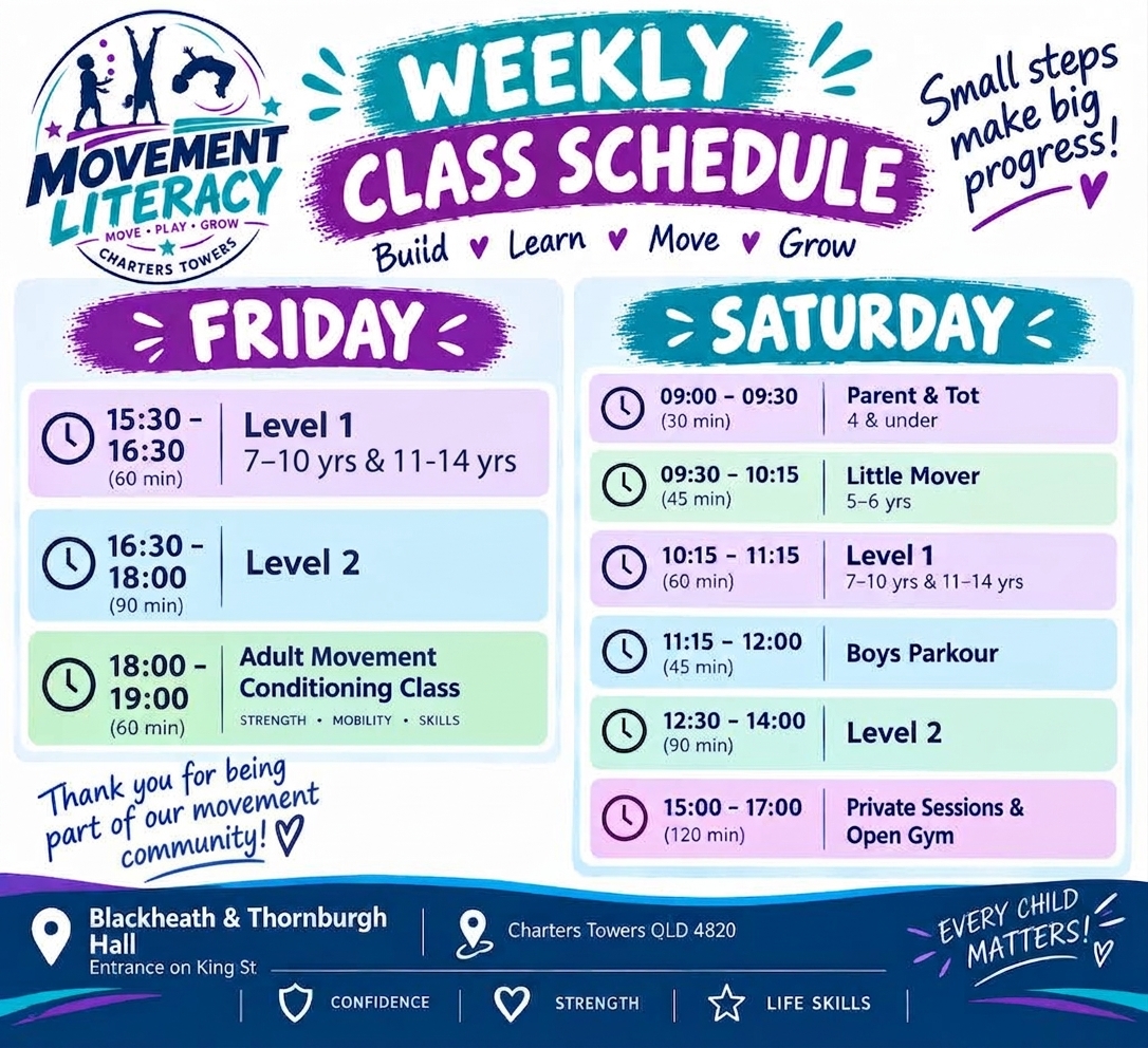 Weekly Class Schedule – Movement Literacy Charters Towers